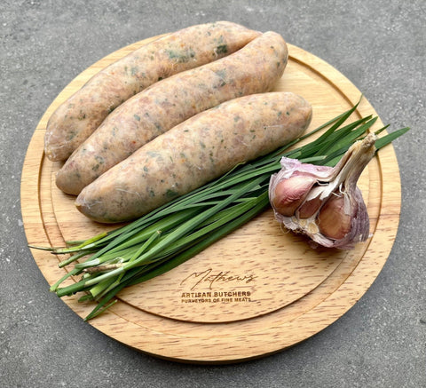 Free Range Chicken; Chive Parsley & Garlic Sausages (Approx. 500g - 3 Sausages)-Mathews Butcher-iPantry-australia