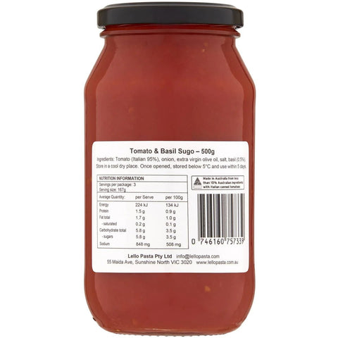 Tomato & Basil Sugo 500ml-Pantry-Lello Pasta Bar-iPantry-australia